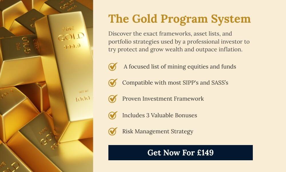 The gold program system graphic with stacked gold bars, investment strategy benefits, mining equities and funds, sipp compatibility, risk management, bonuses, and a £149 call-to-action.